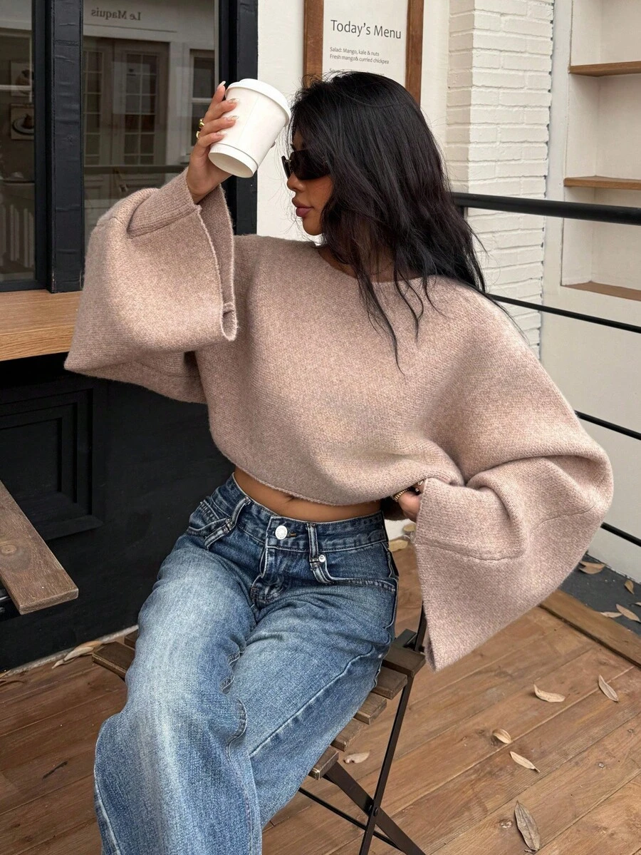 Lumivelle 2025 New Fashion Loose Casual Minimalist One-Piece Design Knitted Cover Up Sweater Crop Sweater - Camel - View 1