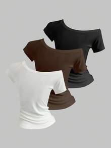 Sweetra 3 chiếc áo thun nữ mùa hè dáng ôm, hở vai, màu đen cơ bản, trắng, cà phê, kiểu vai lệch. - màu đen - Xem 2