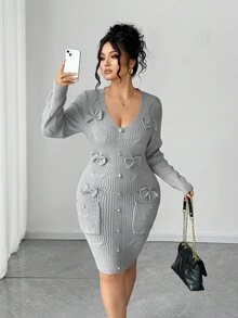 SHEIN Elenzya Elegante vestido de punto gris con patrón jacquard, botones de metal y detalles de lazo, estilo otoñal para mujeres de talla grande - Gris - Ver 6