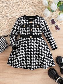 SHEIN Babygirl Elegant Houndstooth Pattern Long Sleeve Dress Fall Winter - Black and White - View 1