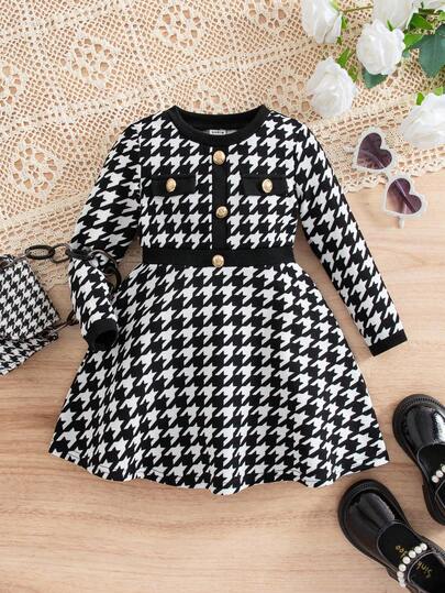 SHEIN Babygirl Elegant Houndstooth Pattern Long Sleeve Dress Fall Winter