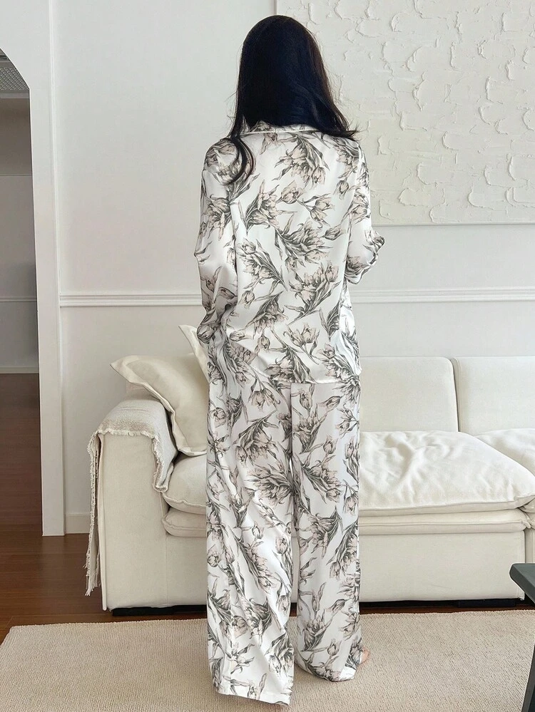 Charming Floral Print Women Pajama Set, Fall Clothes