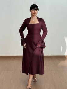 Viva Relle Plus Size Elegant Organza Pearl Knitted A-Line Long Dress, Autumn/Winter - Burgundy - View 5