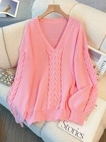 GlowEve CURVE Damski sweter w dużym rozmiarze z dekoltem w serek, dopasowany, codzienny, uniwersalny, ściągany sznurkiem, jednostronny, wykonany w jednolitym kolorze, zimowy