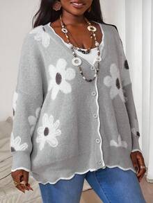 SHEIN CURVE+ Plus Size Women's 3D Floral Sweater Knitted Cardigan, Autumn Set, Autumn Top, Winter Knitted Cardigan/Autumn /Winter - Grey - View 4
