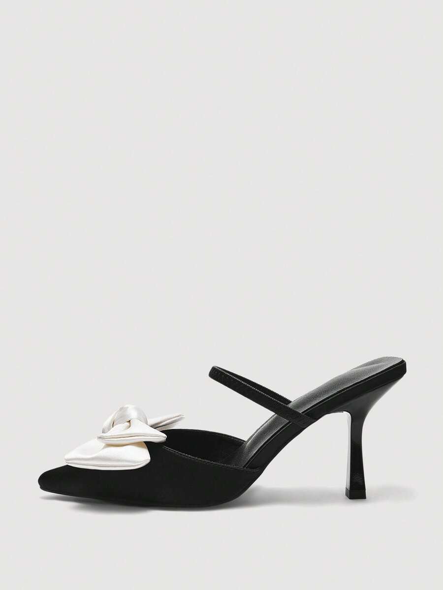 SheIn MOD Tacones altos de tacón fino con punta puntiaguda, correa cruzada y hebilla patentado rojo vino para damas - Blanco y Negro - Ver 1