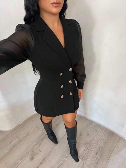 SHEIN SXY 女式翻领商务休闲袖网眼拼接连衣裙