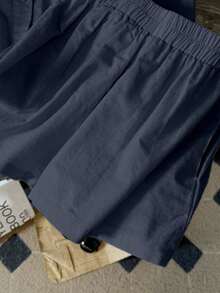 INAWLY New Stylish Linen Casual Loose Fit Long Sleeve Shorts 2 Pieces Set For Plus Size Women - Navy Blue - View 4