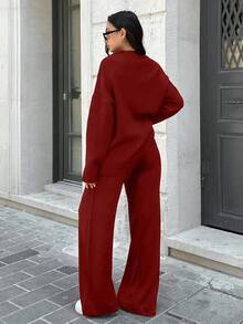 SHEIN Tall Women's Red Knitwear Sweater Co-Ord Set With Long Drop Shoulder Sleeves And Stand Collar Casual Plain Long Pants Two Piece Set Women Comfy Long Sleeve Two Piece Set - Red - View 2