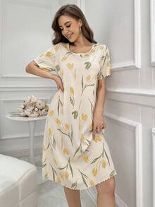Textured Fabric Short Sleeve Sleep Dress Pajama Dress With Tulip Print, Moo Moo - Yellow - View 4
