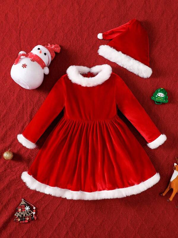 Perso Play Dziewczęca aksamitna sukienka świąteczna z czapką Świętego Mikołaja, sukienka z długim rękawem w kształcie litery A w kolorze czerwonym i białym, miękka i wygodna, odpowiednia na święta i przyjęcia urodzinowe