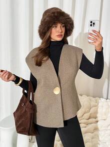 Auralis 大码纽扣装饰优雅时尚无袖背心夹克，秋冬 - 卡其色 - 查看 4