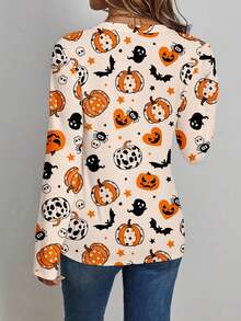 EMERY ROSE Damtröja med V-ringning och långärmad design, Halloween-motiv, höst/vår - Multifärgad - Visa 2