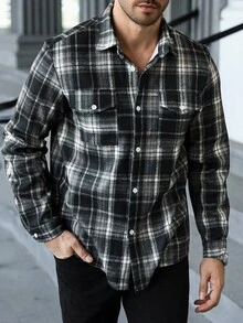 Manfinity CasualCool 男士纽扣前长袖格子夹克，休闲日常装，秋季男装，冬季男士夹克，保暖夹克，格子衬衫 - 彩色 - 查看 1