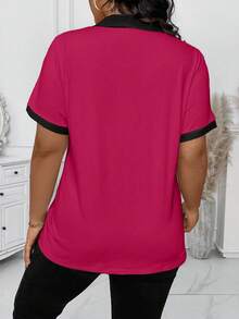 Elenzga Große Größen Lässig Farbblock Saum Kurzarm T-Shirt Grafik Oberteile Damen - Rot - Übersicht 2