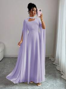 Elenzga 女士优雅法式浪漫度假风沙滩裙，雪纺透明面料，镂空领口，后背交叉系带，喇叭长裙，长袖，开衩袖口，适合下午茶、派对、中东风格、春夏季 - 紫丁香色 - 查看 3