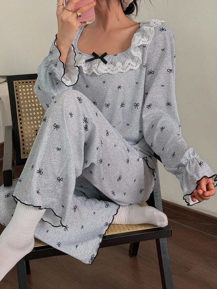 Dream Adore 대비되는 색상의 레이스 트림 패치워크 보우 프린트 여성용 긴소매 상의 & 바지 귀여운 잠옷 세트 여성용 회색 잠옷 세트, 아늑하고 우아한 디테일, 가을 겨울 옷