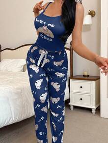 SHEIN 2pcs Cute Koala Print Camisole & Pants Pajama Set Cute Sleep Set Women Pajama Set Cute Sleep Wear Women Tank Top Pajama Set Koala Sleep Set - Multicolor - View 5
