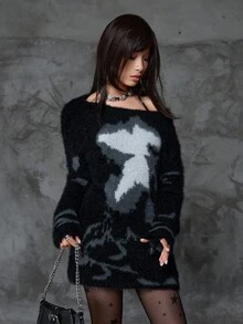SHEIN Unity Women's Oversized Casual Crew Neck Long Sleeve Jacquard Mohair Knit Pullover Sweater,Black,Autumn,Basic,Street Wear Y2k,Night Out,Halloween - Black - View 7