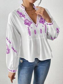 EMERY ROSE Women's Shirred Graphic Print Long Sleeve Button Shirt Peplum Top