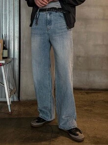 DAZY Men's Plain Washed Faded Blue Denim Jeans, Autumn - Blue - View 3