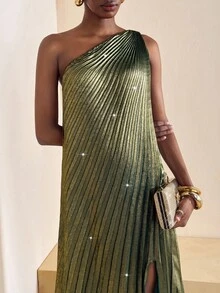 Zivah 2025秋季新款优雅派对优雅约会毕业季生日派对连衣裙聚会结婚季宴会性感宽松无袖一字肩单边高开衩亮面面料褶皱女长款绿色连衣裙-A - 綠色 - 查看 5