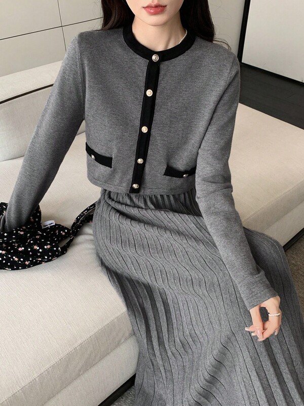 DAZY Women's Contrast Color Crew Neck Cardigan & Skirt 2 Pieces Knit Set, Autumn