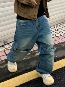 Manfinity EMRG Men's Casual Washed Patchwork Denim Jeans Y2K Vintage Washed Blue OVERSIZE Party College For Double Knee Jeans - Light Wash - View 8