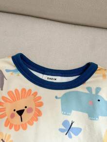 SHEIN 男婴舒适睡衣套装，花卉印花柔软针织圆领长袖上衣和松紧腰长裤 - 彩色 - 查看 3