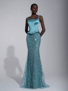 Elitara Elegant Luxurious Off Shoulder Linen Rope Sleeve Elastic Satin Patchwork Beaded Sequin Floral Mermaid Dress, Suitable For Wedding, Party, Vacation, Prom, Evening Gown (Heavy Embellished) - Blue - View 7