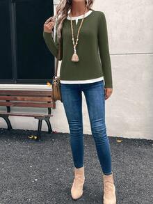 EMERY ROSE 女士撞色二合一简约日常穿着圆领长袖T恤 - 綠色 - 查看 4