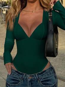 SHEIN 女士时尚性感纯色细肩带深V紧身衣 - 墨綠色 - 查看 1