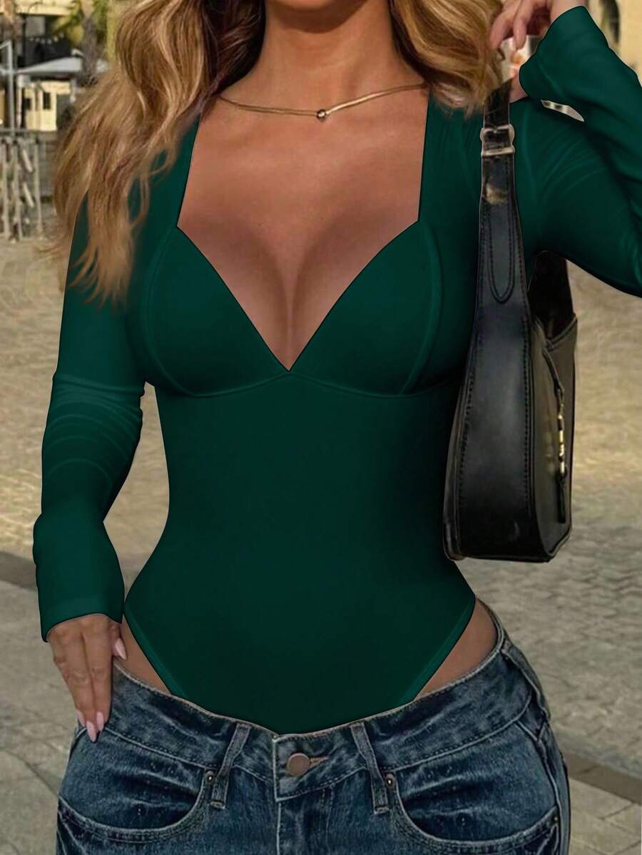 SHEIN 女士时尚性感纯色细肩带深V紧身衣 - 墨綠色 - 查看 1