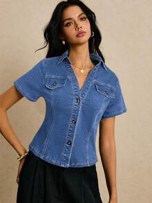 Poéselle 女式短袖单排扣修身休闲牛仔夹克 - 中等水洗藍 - 查看 3