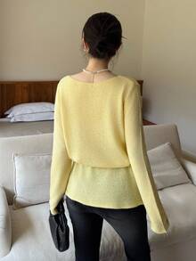 K-Vae 1 pieza Blusa de punto de unicolor, versátil y de manga larga para mujer en otoño/invierno - Amarillo - Ver 4