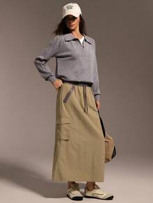 Hanevo Women's Casual Elastic Waist Pockets Long Skirt, Fashionable Street Style - Mocha Brown - View 6