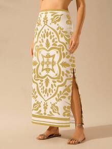 CAJUNI Women's Vintage Casual Boho Black Printed Long Slit Skirt - Yellow - View 2