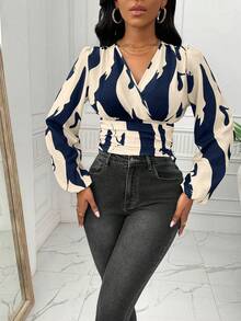 Lyxana Women's Geometric Print Lantern Sleeve Elegant Blouse With Waist Pleats (Random Pattern Cutting)