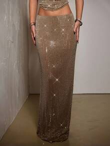 SHEIN BAE 秋季纯卡其色水晶钻闪亮紧身修身迷你裙，适合派对、夜总会、鸡尾酒会、宴会、夜间外出、舞会、约会、秋冬季分层穿着 - 卡其色 - 查看 6