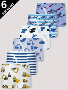 6pcs Boys' Kids Excavator, Shark, Dinosaur Graphic Comfortable Minimalist Sports Style Boxer Briefs Fall Winter