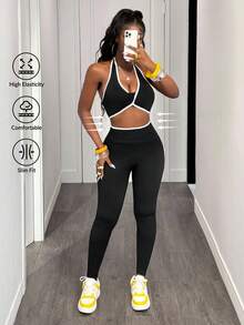 Slaydiva Women Solid Color Splicing Sleeveless Simple Top And Long Pants Yoga Color Blocking Sports Suit Workout Women Set Women Leggings Set Gym Women Outfit - Black - View 1