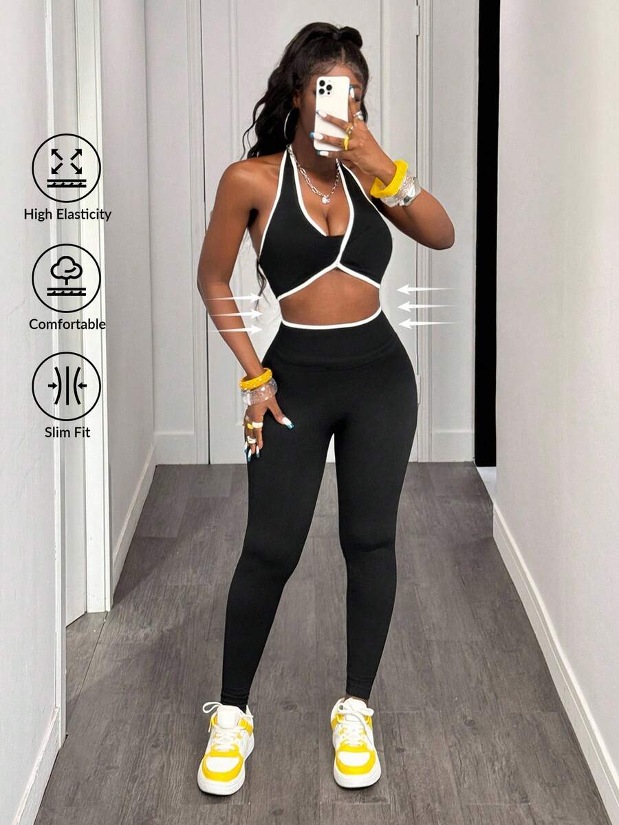 Slaydiva Women Solid Color Splicing Sleeveless Simple Top And Long Pants Yoga Color Blocking Sports Suit Workout Women Set Women Leggings Set Gym Women Outfit - Black - View 1