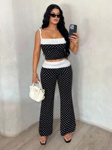 SHEIN SXY 复古黑白波尔卡圆点 Y2K 2000 年代街头潮流两件套，波尔卡圆点两件套，女式两件套裤子，女式夏季两件套，女式两件套服装，裤子两件套，外出，波尔卡圆点，女士早午餐服装，可爱 - 黑與白 - 查看 4