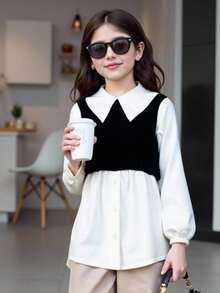 Sparklyn 青少年女孩休闲拼布撞色长袖荷叶边领衬衫