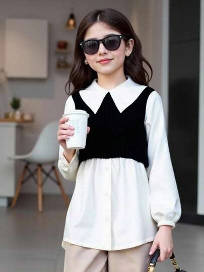 SHEIN Blusa de manga larga informal con cuello de volantes, estampado por parches y contraste de color para niñas preadolescentes