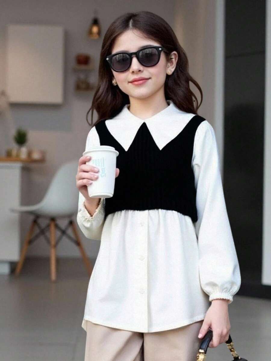 Sparklyn 青少年女孩休闲拼布撞色长袖荷叶边领衬衫