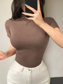 DAZY 女式夏季短袖圆领基本款休闲修身T恤长袖上衣 - 棕色 - 查看 7