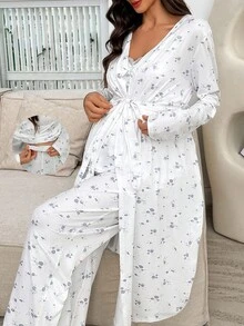 SHEIN 3pcs Maternity Sleepwear Set: Ditsy Floral Cami Top, Pants, And Robe Maternity Lounge Set, Winter