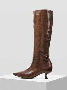 MOTF 鳄鱼压纹高筒靴，女士及膝细高跟马靴 - 駝色 - 查看 2