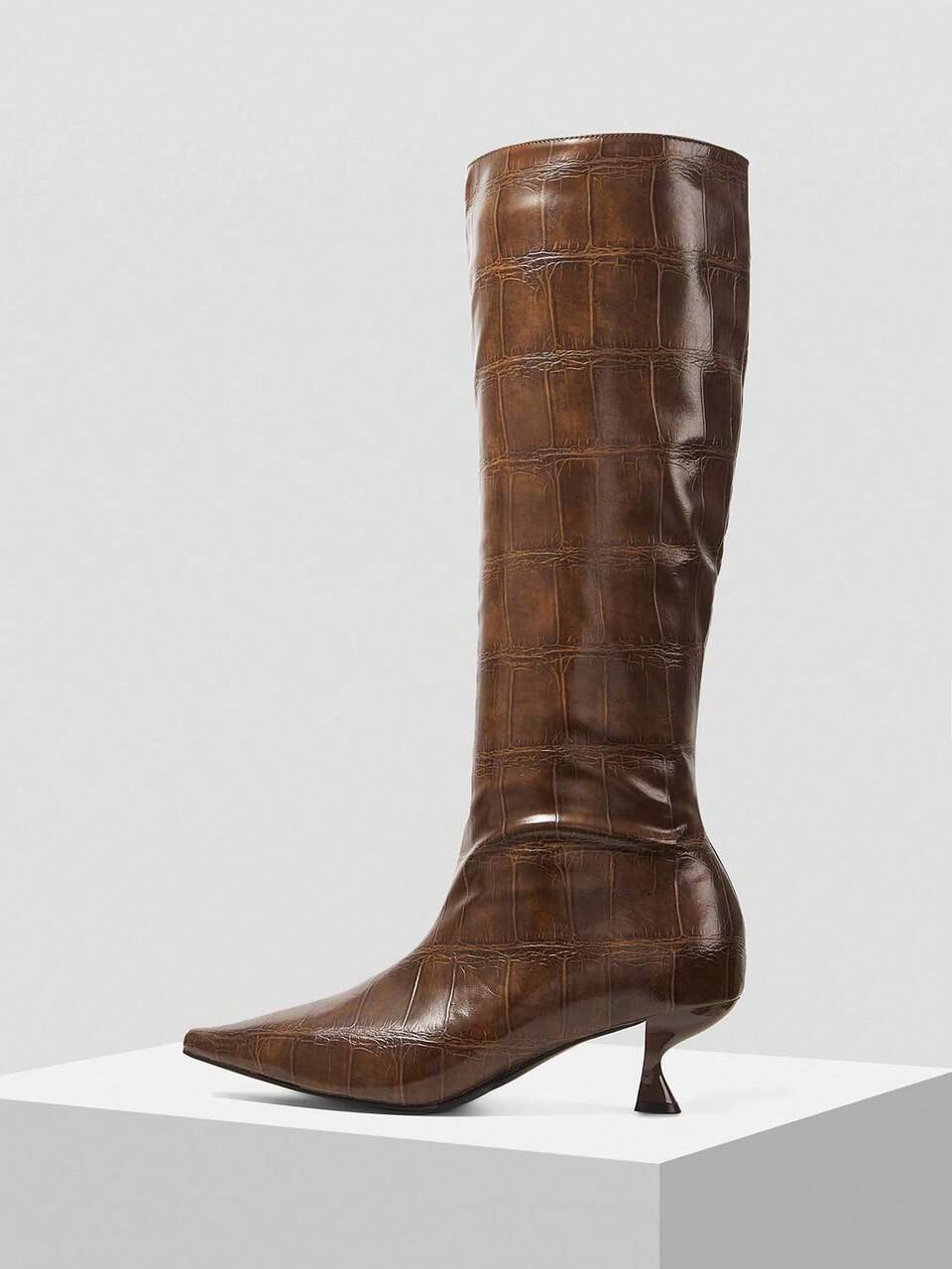 CROCODILE EMBOSSED TALL BOOTS, KNEE-HIGH RIDING BOOTS WITH SLIM HIGH HEELS FOR WOMEN